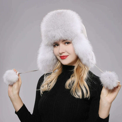 2023 100% Real Fox Fur Hats Women's Russian Ushanka Aviator Trapper Snow Skiing Hat Caps Earflap Winter Raccoon Fur Bomber Hat