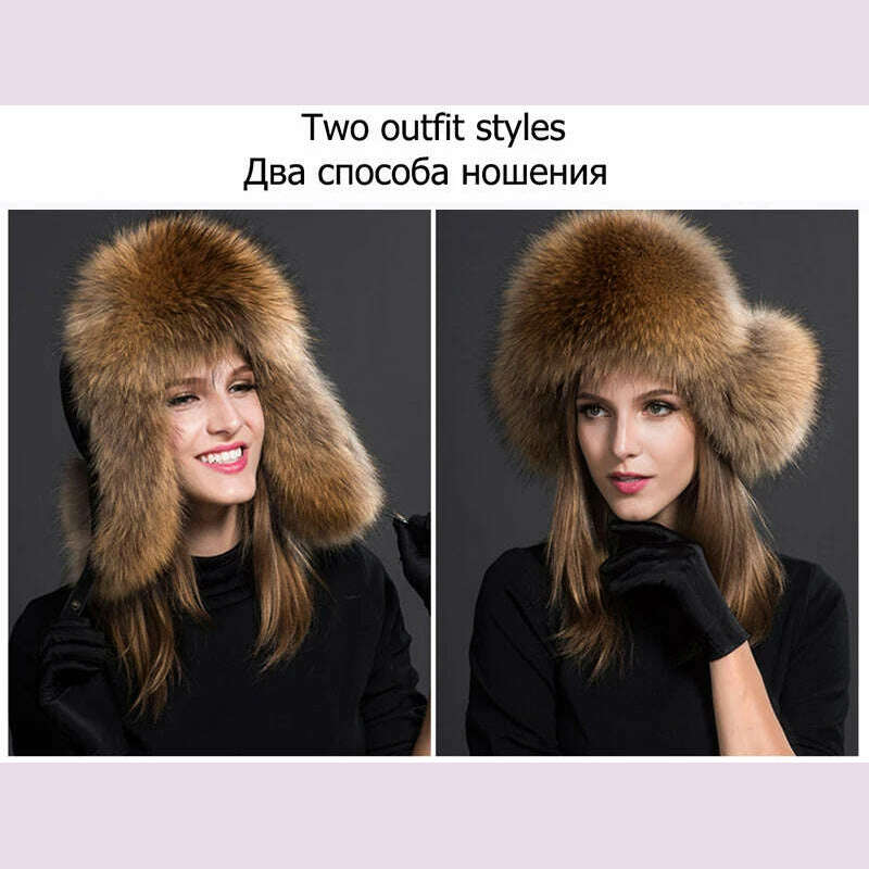 2023 100% Real Fox Fur Hats Women's Russian Ushanka Aviator Trapper Snow Skiing Hat Caps Earflap Winter Raccoon Fur Bomber Hat