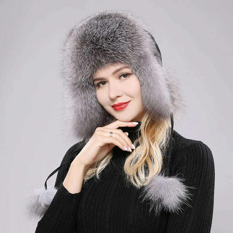 2023 100% Real Fox Fur Hats Women's Russian Ushanka Aviator Trapper Snow Skiing Hat Caps Earflap Winter Raccoon Fur Bomber Hat