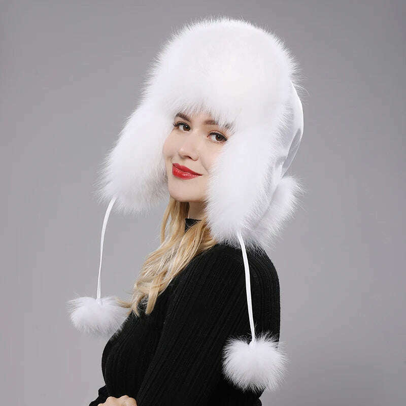 2023 100% Real Fox Fur Hats Women's Russian Ushanka Aviator Trapper Snow Skiing Hat Caps Earflap Winter Raccoon Fur Bomber Hat