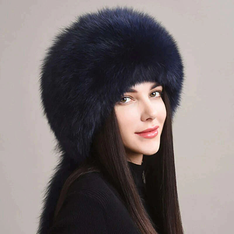 2024 Hot Sale Winter Women Fox Fur Hat Fluffy Soviet Female Outdoor Warm Cap Snow Fur Hats 5 tails Real Fox Fur Cold Bomber Hats