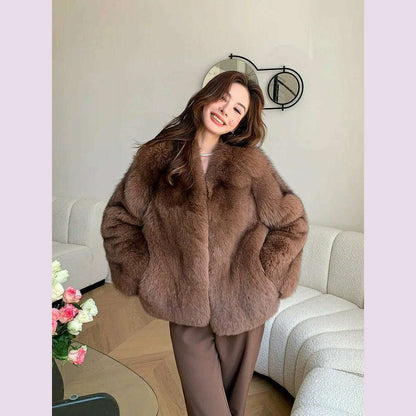2024 Winter 100% Genuine Natural Whole Skin Fox Fur Coat For Women V-neck Jacket Luxury Outerwear High-end
