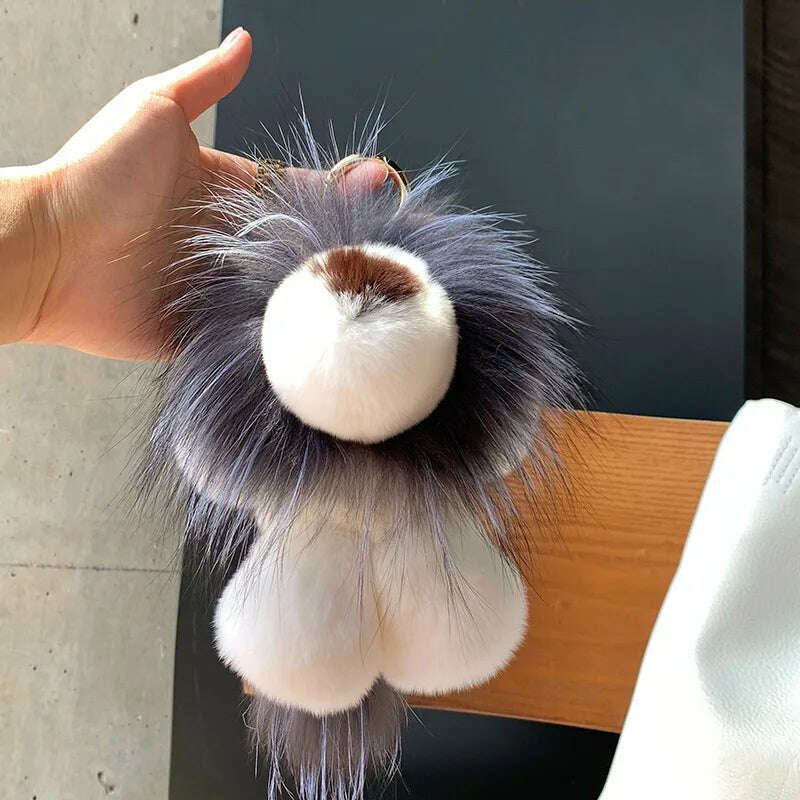 2024 Women Real Rex Rabbit Fur Bag Purse Ornaments Car Key Ring Fur Strap Kids Plush Toys Gift Cute Small Lion Pendant Keychain