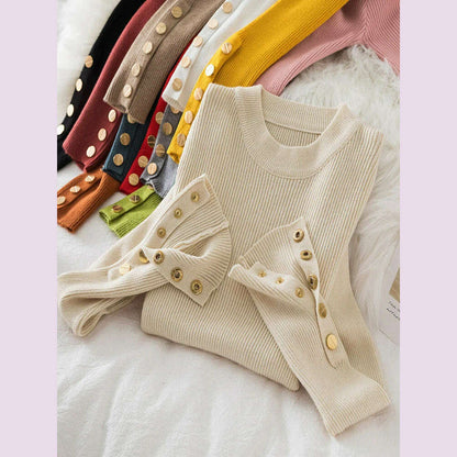 2024 women thick sweater pullovers khaki casual autumn winter button o-neck chic sweater female slim knit top soft jumper tops