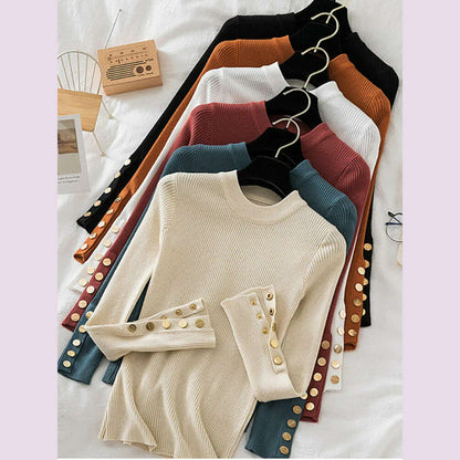 2024 women thick sweater pullovers khaki casual autumn winter button o-neck chic sweater female slim knit top soft jumper tops