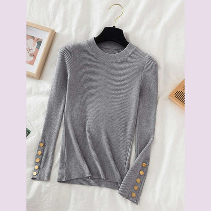 2024 women thick sweater pullovers khaki casual autumn winter button o-neck chic sweater female slim knit top soft jumper tops