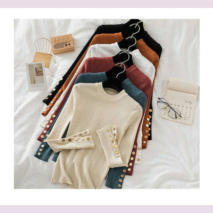 2024 women thick sweater pullovers khaki casual autumn winter button o-neck chic sweater female slim knit top soft jumper tops