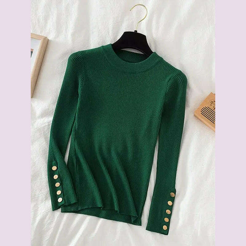 2024 women thick sweater pullovers khaki casual autumn winter button o-neck chic sweater female slim knit top soft jumper tops