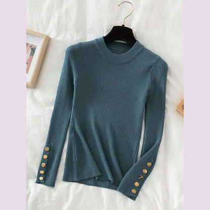 2024 women thick sweater pullovers khaki casual autumn winter button o-neck chic sweater female slim knit top soft jumper tops