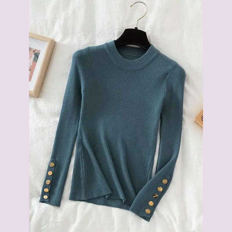 2024 women thick sweater pullovers khaki casual autumn winter button o-neck chic sweater female slim knit top soft jumper tops