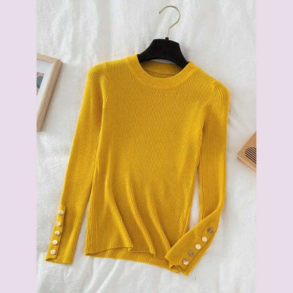 2024 women thick sweater pullovers khaki casual autumn winter button o-neck chic sweater female slim knit top soft jumper tops