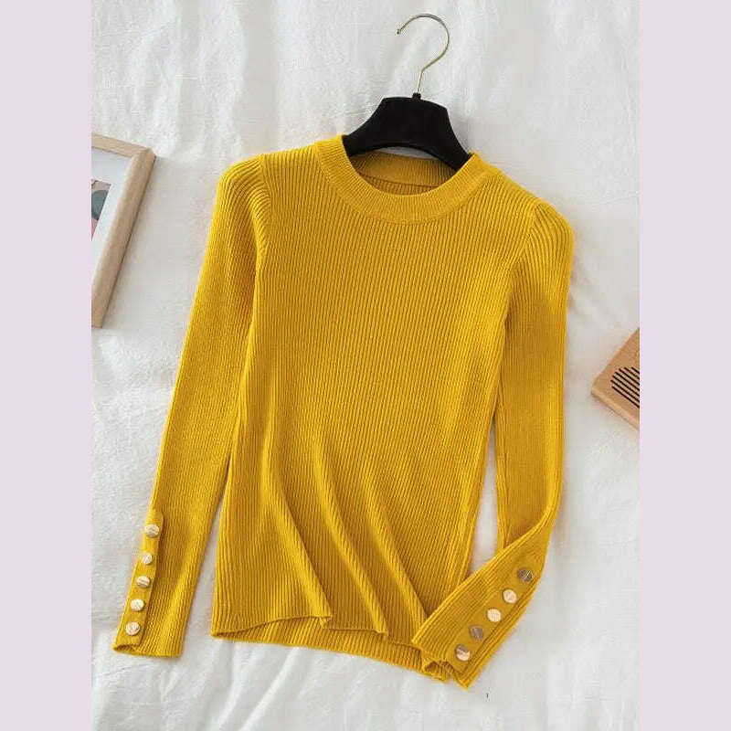 2024 women thick sweater pullovers khaki casual autumn winter button o-neck chic sweater female slim knit top soft jumper tops