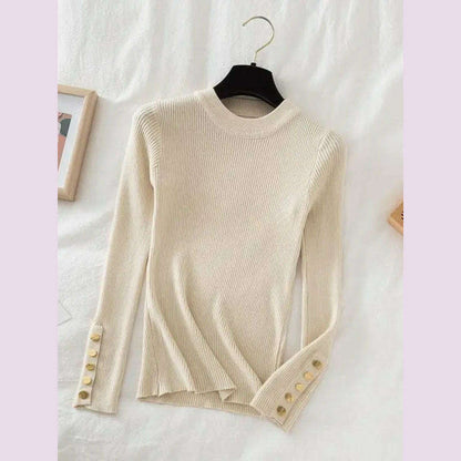 2024 women thick sweater pullovers khaki casual autumn winter button o-neck chic sweater female slim knit top soft jumper tops