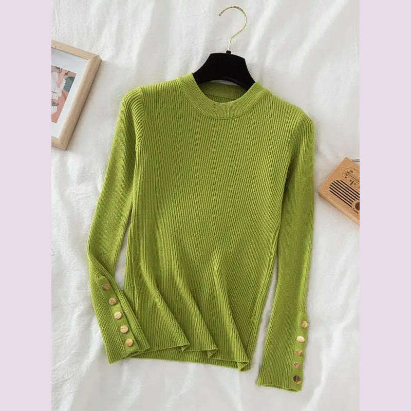 2024 women thick sweater pullovers khaki casual autumn winter button o-neck chic sweater female slim knit top soft jumper tops