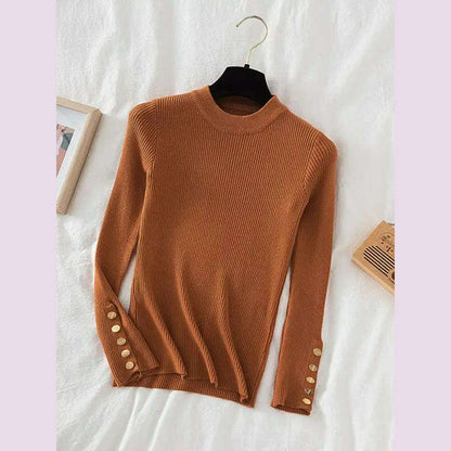 2024 women thick sweater pullovers khaki casual autumn winter button o-neck chic sweater female slim knit top soft jumper tops