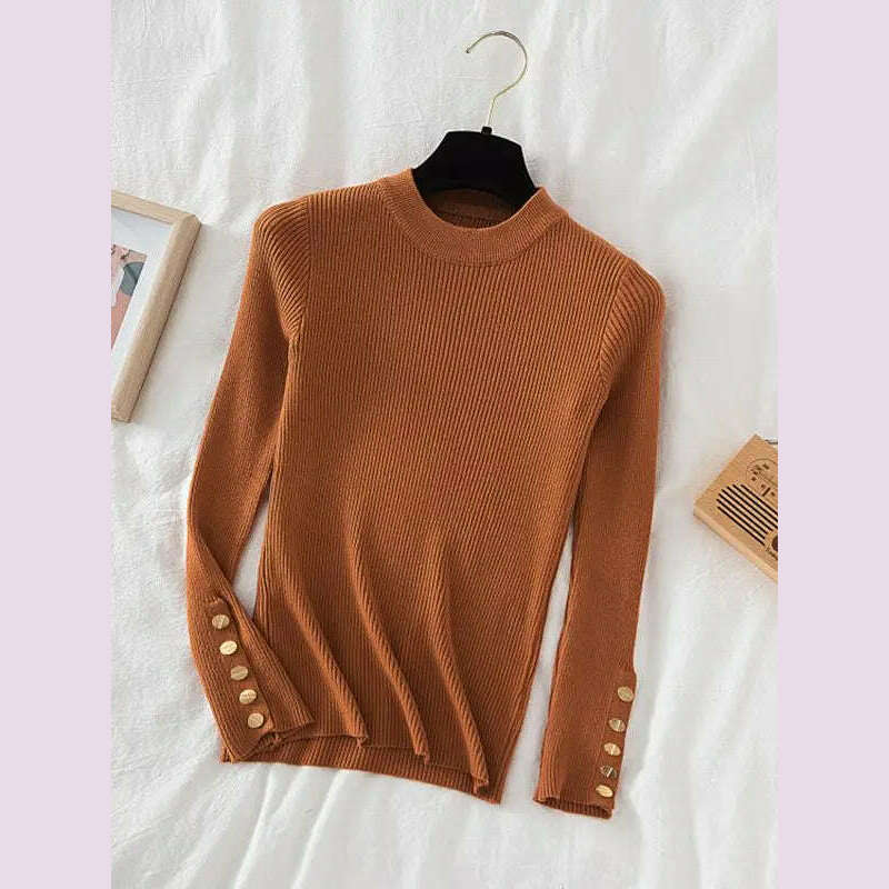 2024 women thick sweater pullovers khaki casual autumn winter button o-neck chic sweater female slim knit top soft jumper tops