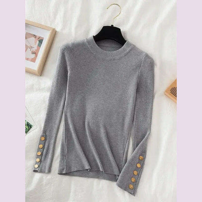 2024 women thick sweater pullovers khaki casual autumn winter button o-neck chic sweater female slim knit top soft jumper tops