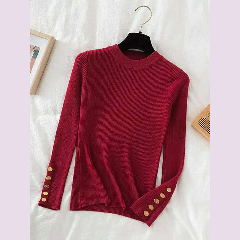 2024 women thick sweater pullovers khaki casual autumn winter button o-neck chic sweater female slim knit top soft jumper tops