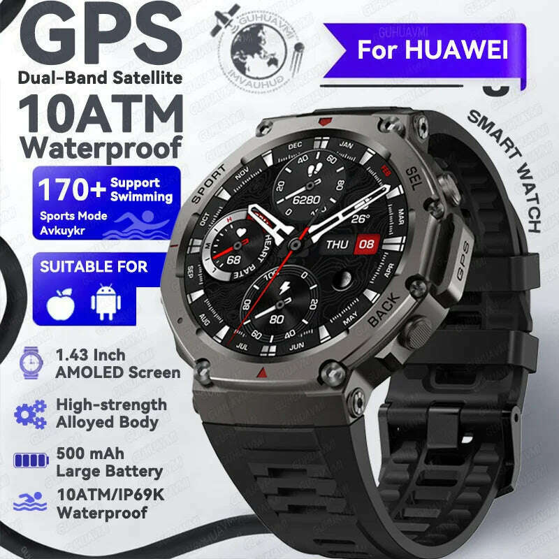 2025 NEW For HUIAWE GPS Smart Watch Men 10ATM IP69K Waterproof Smart Watches Compass Altimeter Barometric 1.43'' AMOLED Bracelet