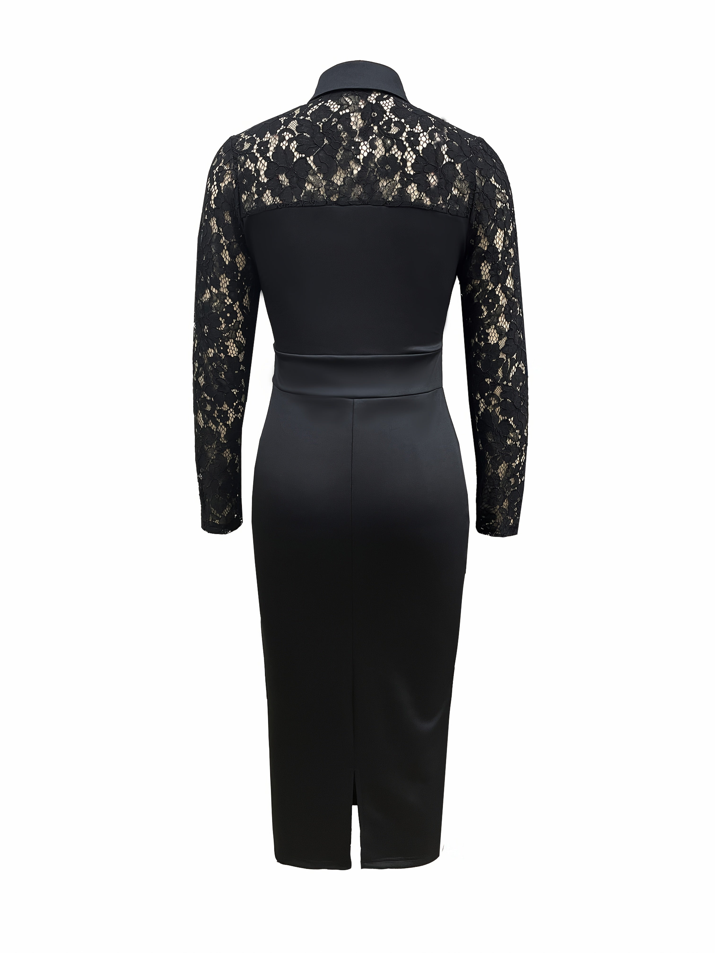 [Elegant Bodycon Dress] Elegant Black Lace-Trimmed Bodycon Midi Dress | Chic Comfort - Stretchy Polyester Blend, Machine Washable, Long Sleeves, Chic Office-Style Attire for Women