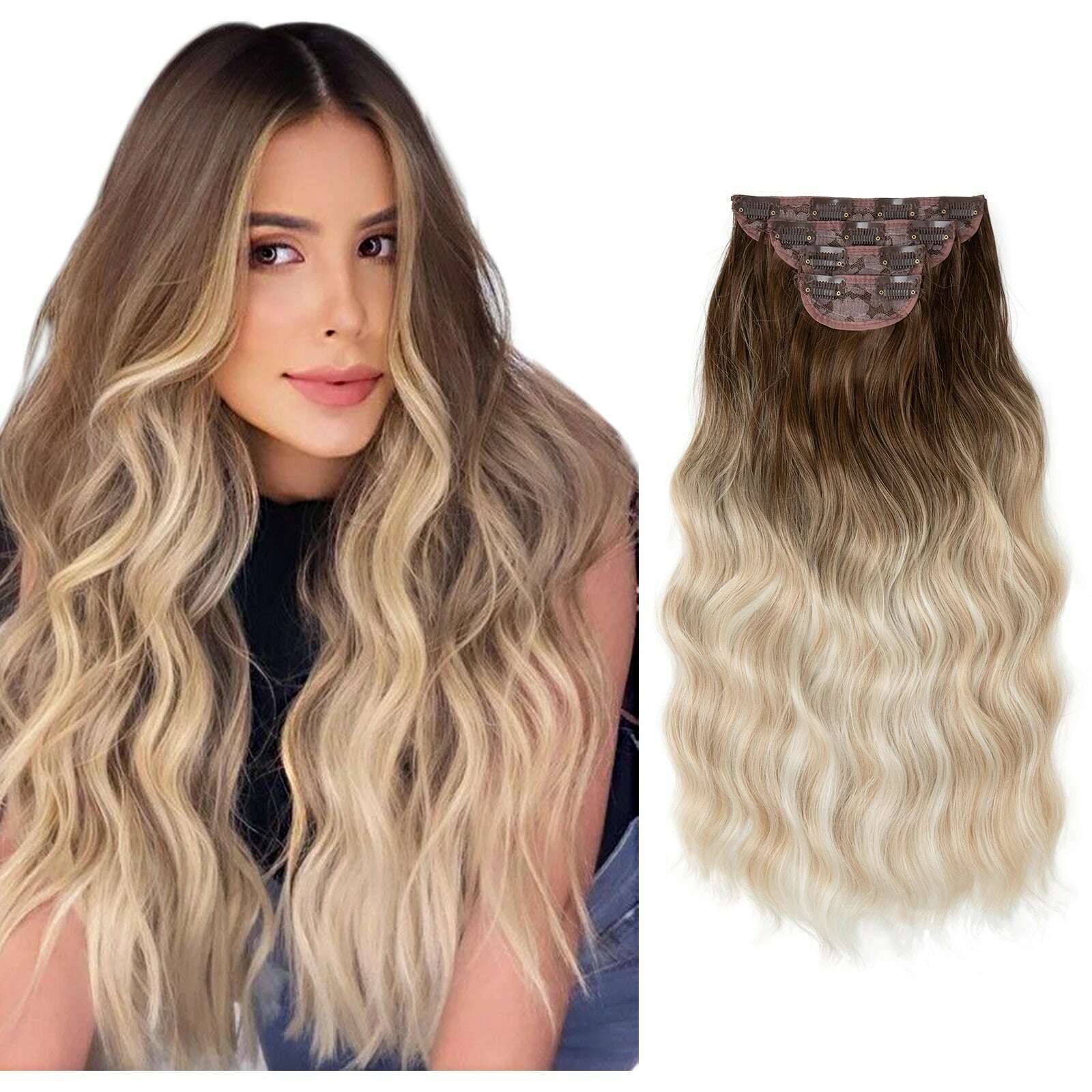 22" 4pcs/set Synthetic Clip In Hair Extensions Elegant Long Wavy Thick Hairpiece Daily Use Brown Blonde Natural Fake Hair