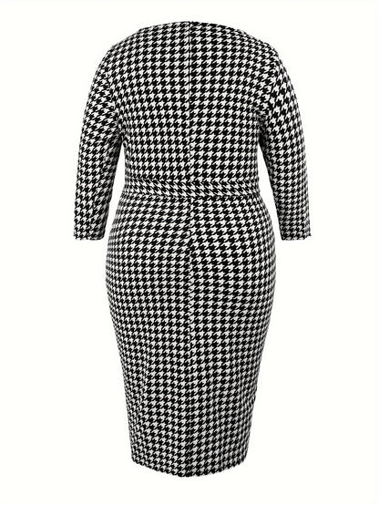 Plus Size Houndstooth Glamour Dress - Flattering 3/4 Sleeves, Bodycon Fit with Belted Waist - Perfect for Spring & Fall - Curvy Womens Fashion Essential