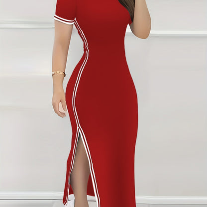 Contrast Trim Split Hem Bodycon Dress, Elegant Crew Neck Short Sleeve Dress For Spring & Summer, Women's Clothing