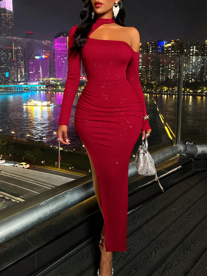 Solid One Shoulder Cut Out Dress, Sexy Long Sleeve Slit Bodycon Dress, Women's Clothing