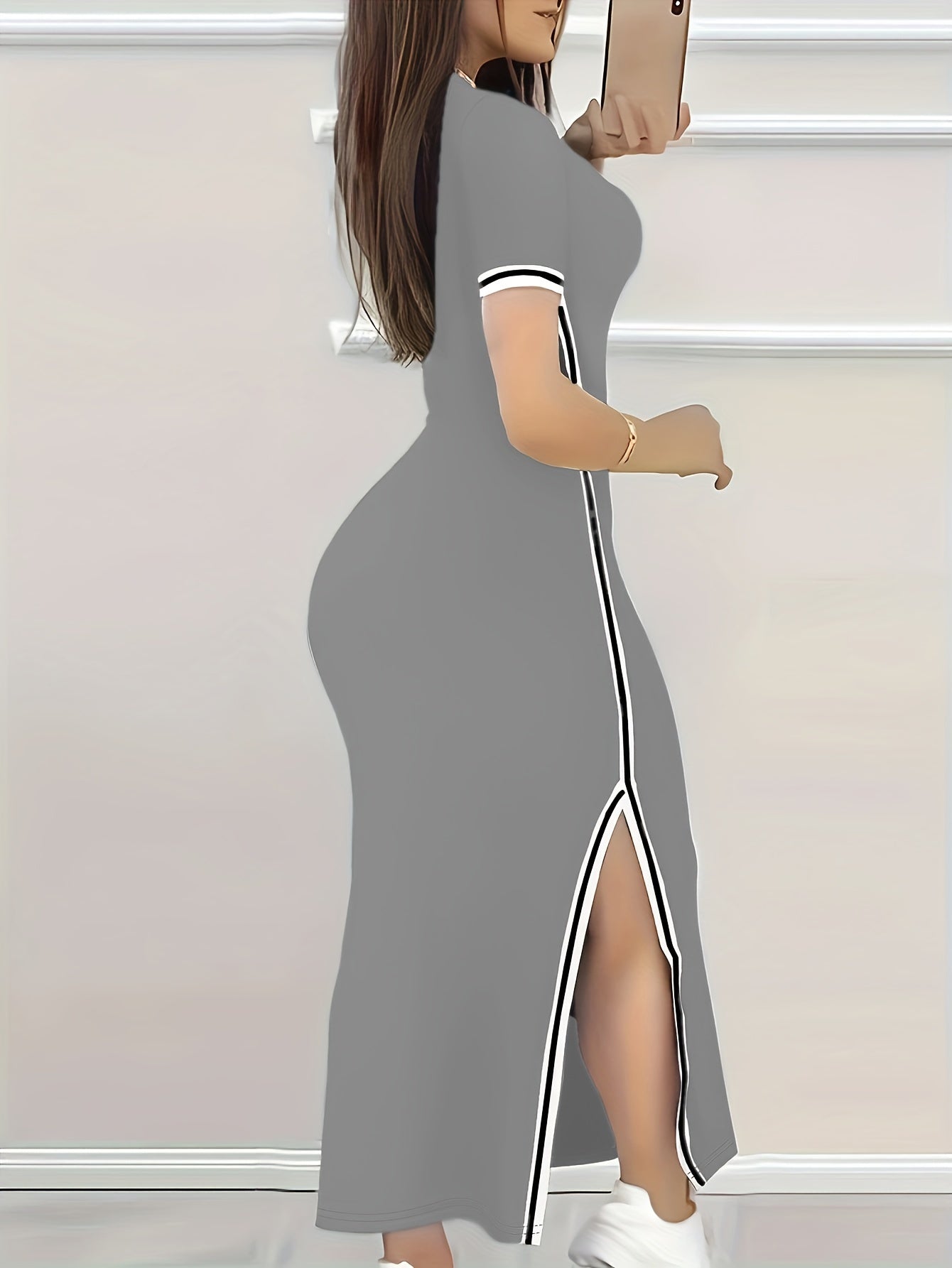 Contrast Trim Split Hem Bodycon Dress, Elegant Crew Neck Short Sleeve Dress For Spring & Summer, Women's Clothing