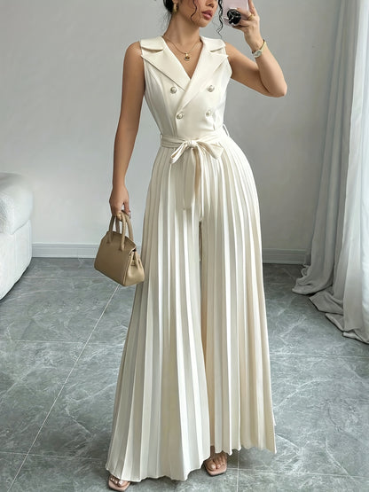 Women'S Elegant Double-Breasted Jumpsuit - Beige/Neutral Tones, Structured Formal & Casual Outfit with Belted Waist, Office Party Wedding Attire for Spring/Fall Seasons, Spring Fashion, Classic Silhouette, Polished Finish, Ve