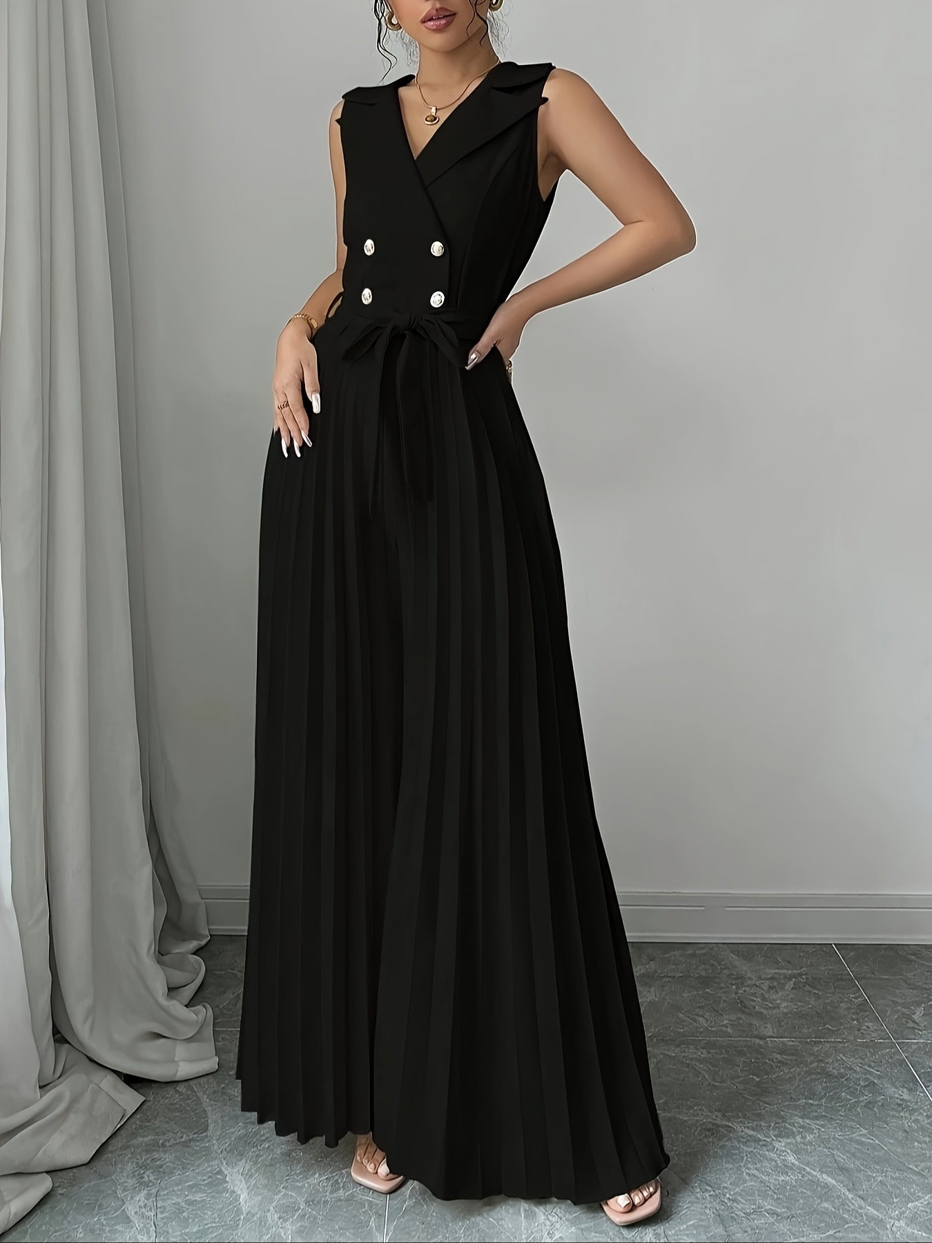 Women'S Elegant Double-Breasted Jumpsuit - Beige/Neutral Tones, Structured Formal & Casual Outfit with Belted Waist, Office Party Wedding Attire for Spring/Fall Seasons, Spring Fashion, Classic Silhouette, Polished Finish, Ve