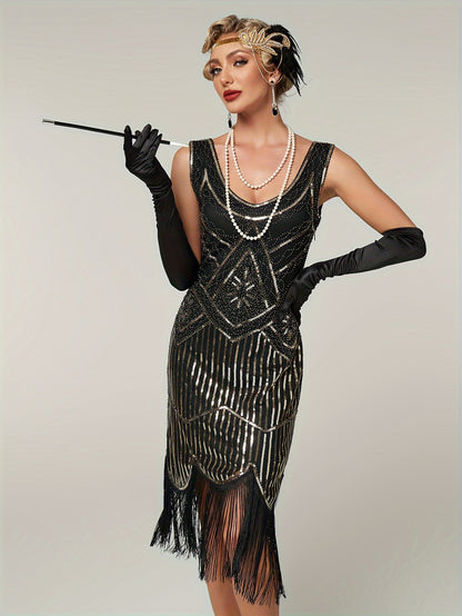 Sequined Fringe Hem Tank Dress, Vintage Sleeveless Bodycon Dress For Banquet & Party, Women's Clothing