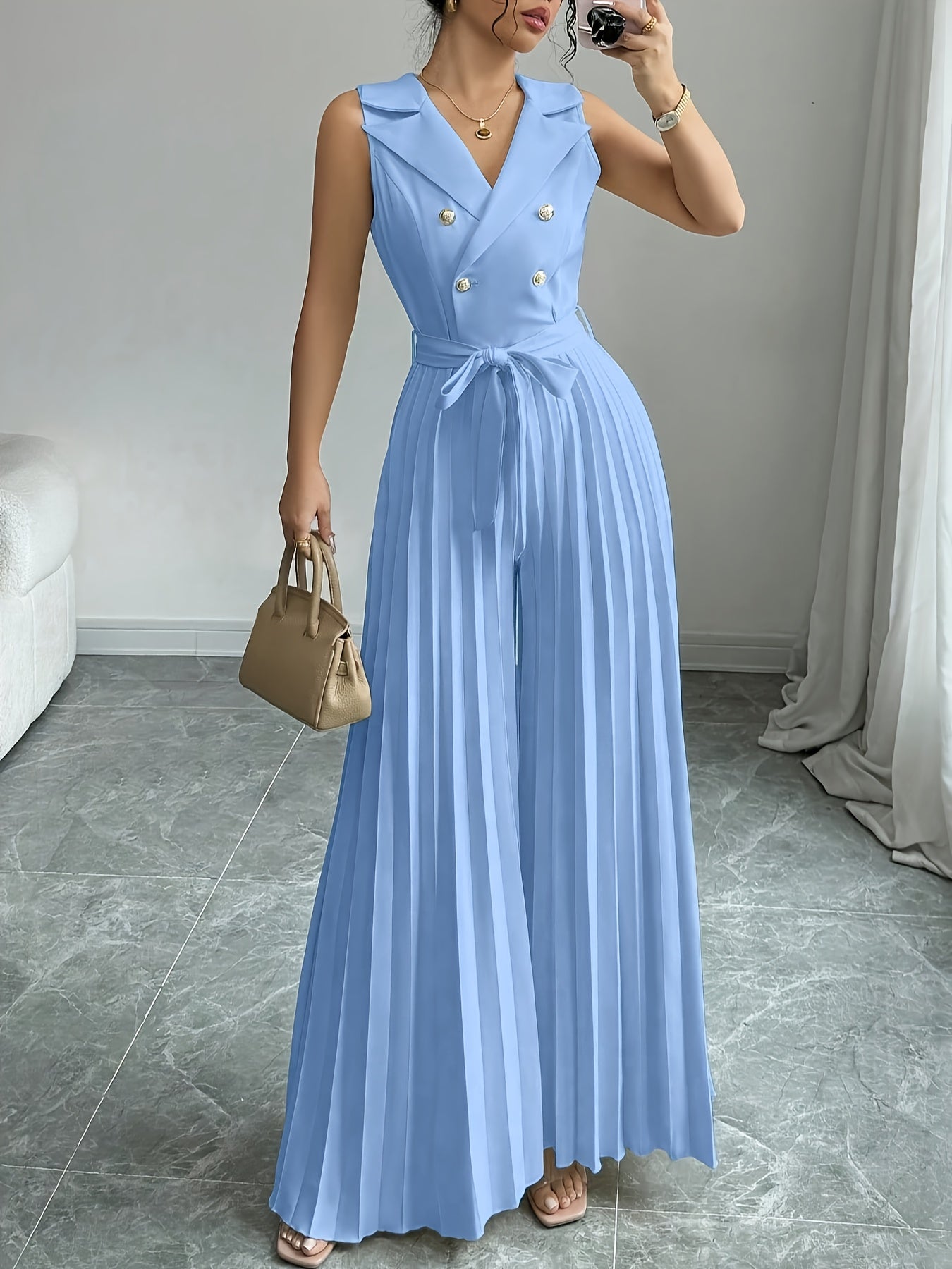 Women'S Elegant Double-Breasted Jumpsuit - Beige/Neutral Tones, Structured Formal & Casual Outfit with Belted Waist, Office Party Wedding Attire for Spring/Fall Seasons, Spring Fashion, Classic Silhouette, Polished Finish, Ve