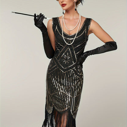Sequined Fringe Hem Tank Dress, Vintage Sleeveless Bodycon Dress For Banquet & Party, Women's Clothing