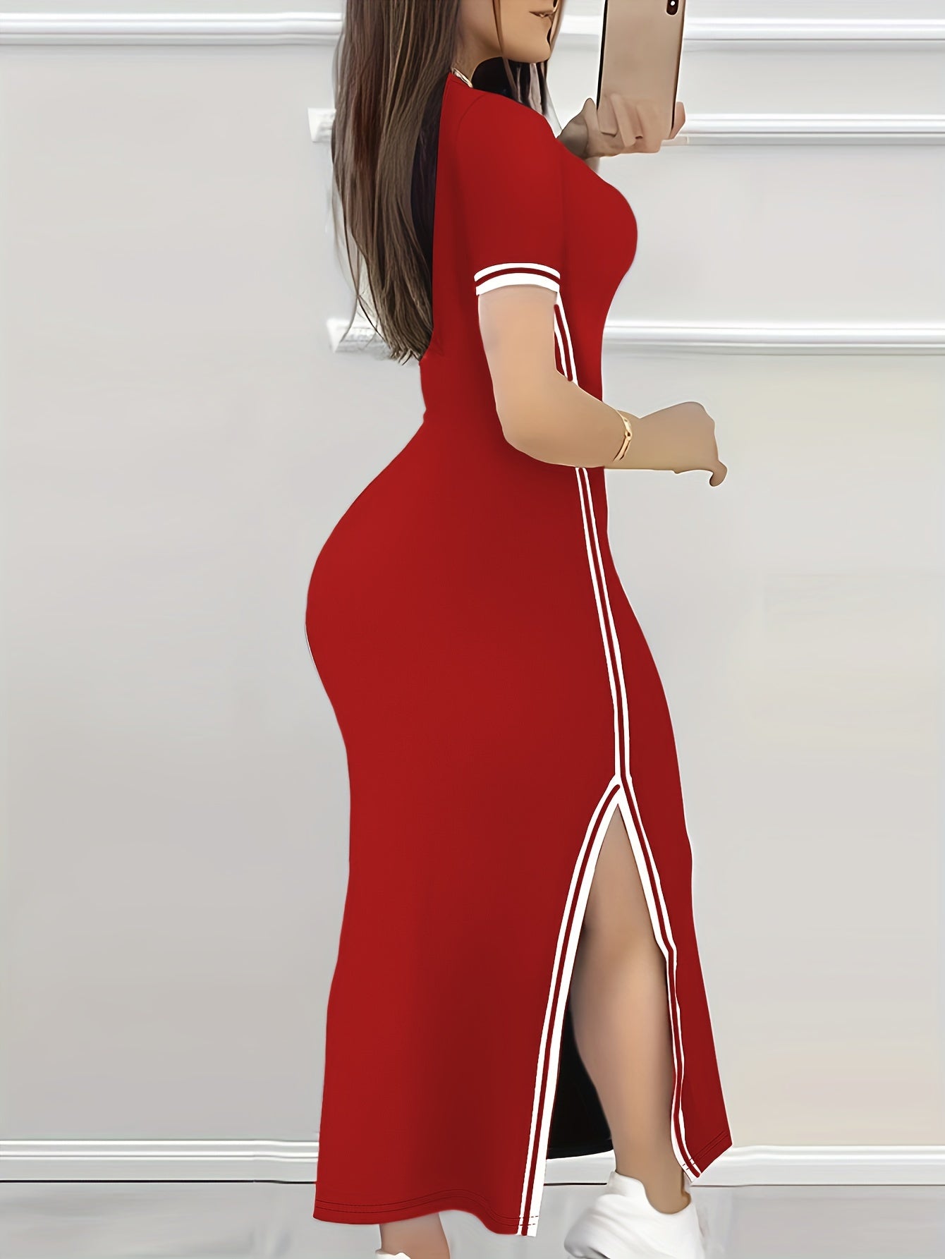 Contrast Trim Split Hem Bodycon Dress, Elegant Crew Neck Short Sleeve Dress For Spring & Summer, Women's Clothing