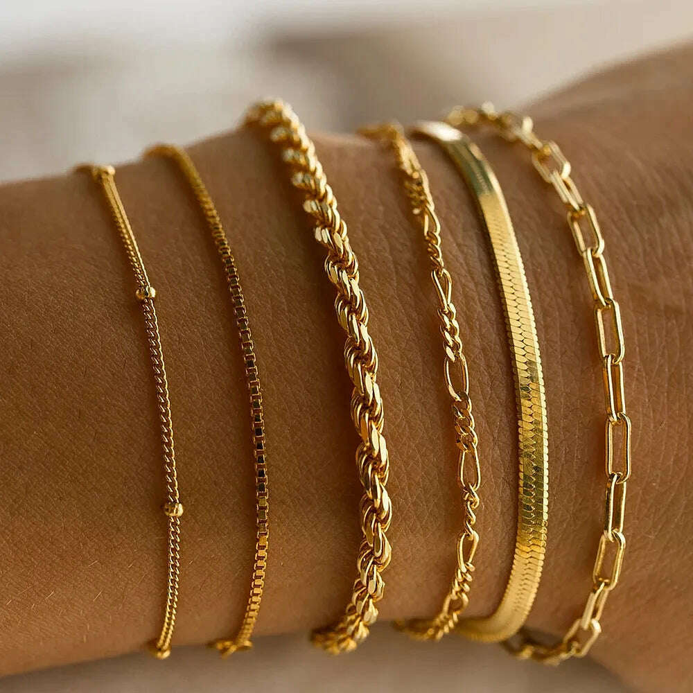 6 Piece Set Gold Color Luxury Bracelets for Women Zircon Shiny Simple Unisex Charm Chain Bracelet Punk Bangle Fashion Jewelry