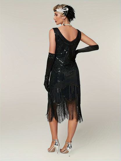 Sequined Fringe Hem Tank Dress, Vintage Sleeveless Bodycon Dress For Banquet & Party, Women's Clothing