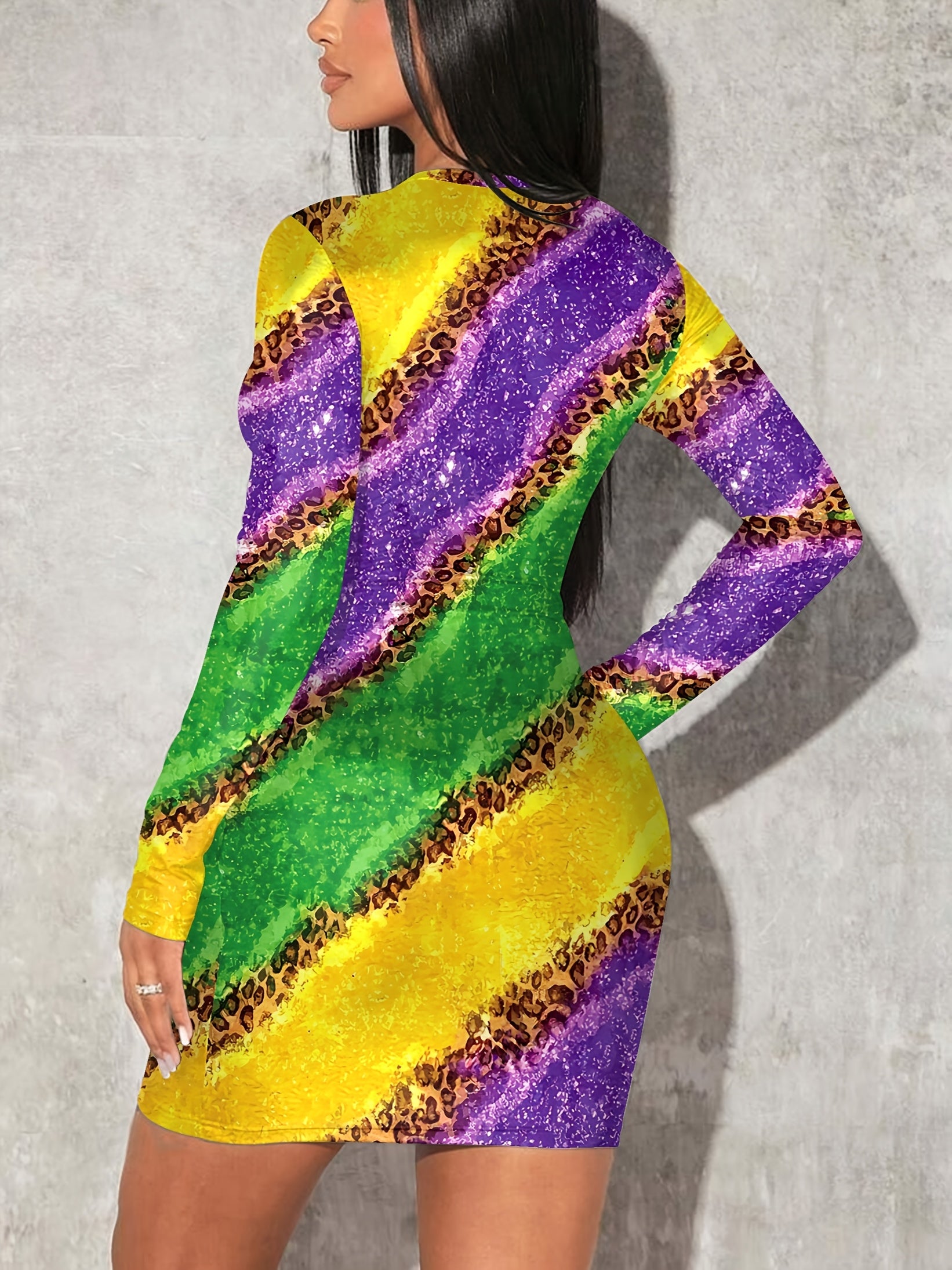 Women'S Fashion Leopard Print Bodycon Dress, Color Block Knit Fabric, Scoop Neck, Polyester 89% Elastane 11%, Fall/Winter Collection, 230g/m²