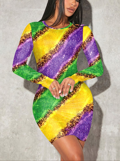 Women'S Fashion Leopard Print Bodycon Dress, Color Block Knit Fabric, Scoop Neck, Polyester 89% Elastane 11%, Fall/Winter Collection, 230g/m²