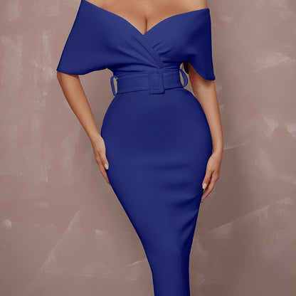 Stunning Off-The-Shoulder Bodycon Dress - V-Neck, Split Hem, Belted Waist, Elegant Design for Wedding Party, Formal Occasions - Women's Clothing, Body-Hugging Silhouette