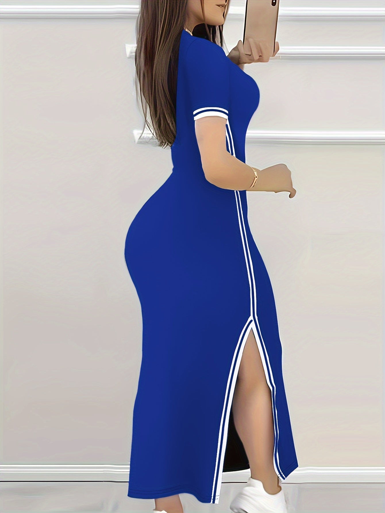 Contrast Trim Split Hem Bodycon Dress, Elegant Crew Neck Short Sleeve Dress For Spring & Summer, Women's Clothing