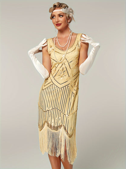 Sequined Fringe Hem Tank Dress, Vintage Sleeveless Bodycon Dress For Banquet & Party, Women's Clothing