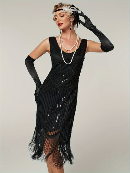 Sequined Fringe Hem Tank Dress, Vintage Sleeveless Bodycon Dress For Banquet & Party, Women's Clothing