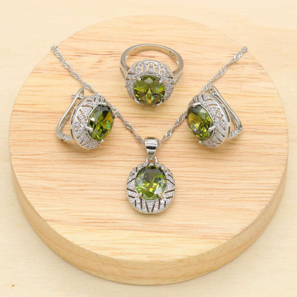 925 Sterling Silver Luxury Popular Olive Green Stones Cubic Zirconia Jewelry Sets For Women Earrings Pendant Necklace Bracelet