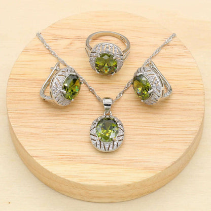 925 Sterling Silver Luxury Popular Olive Green Stones Cubic Zirconia Jewelry Sets For Women Earrings Pendant Necklace Bracelet