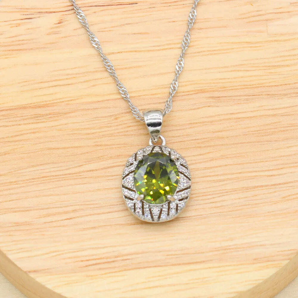 925 Sterling Silver Luxury Popular Olive Green Stones Cubic Zirconia Jewelry Sets For Women Earrings Pendant Necklace Bracelet