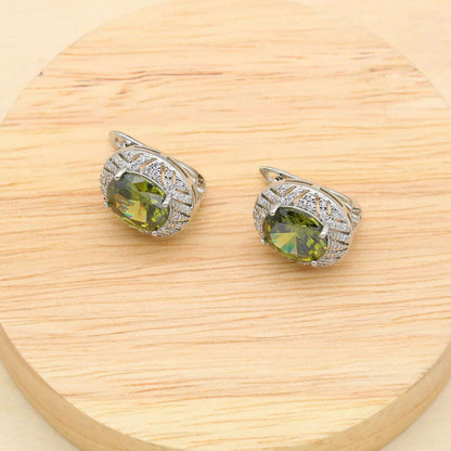 925 Sterling Silver Luxury Popular Olive Green Stones Cubic Zirconia Jewelry Sets For Women Earrings Pendant Necklace Bracelet