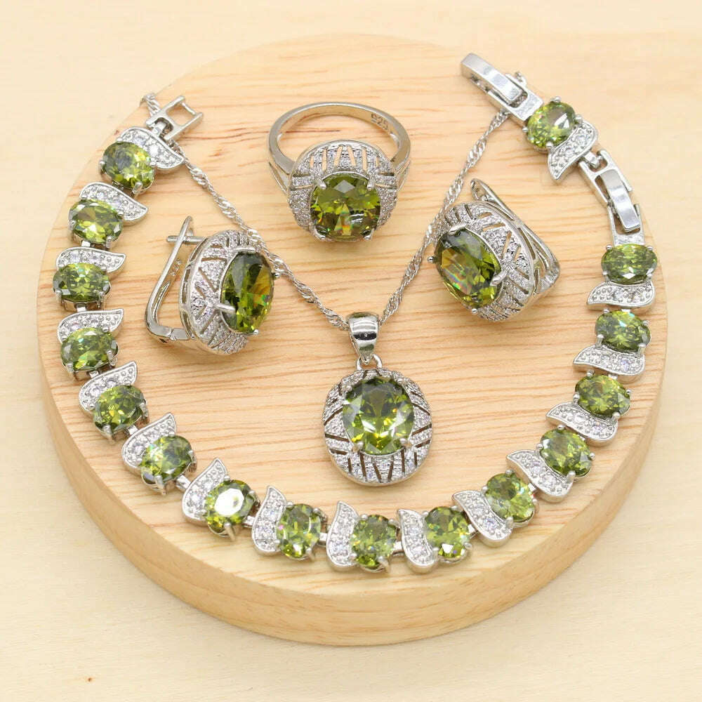 925 Sterling Silver Luxury Popular Olive Green Stones Cubic Zirconia Jewelry Sets For Women Earrings Pendant Necklace Bracelet