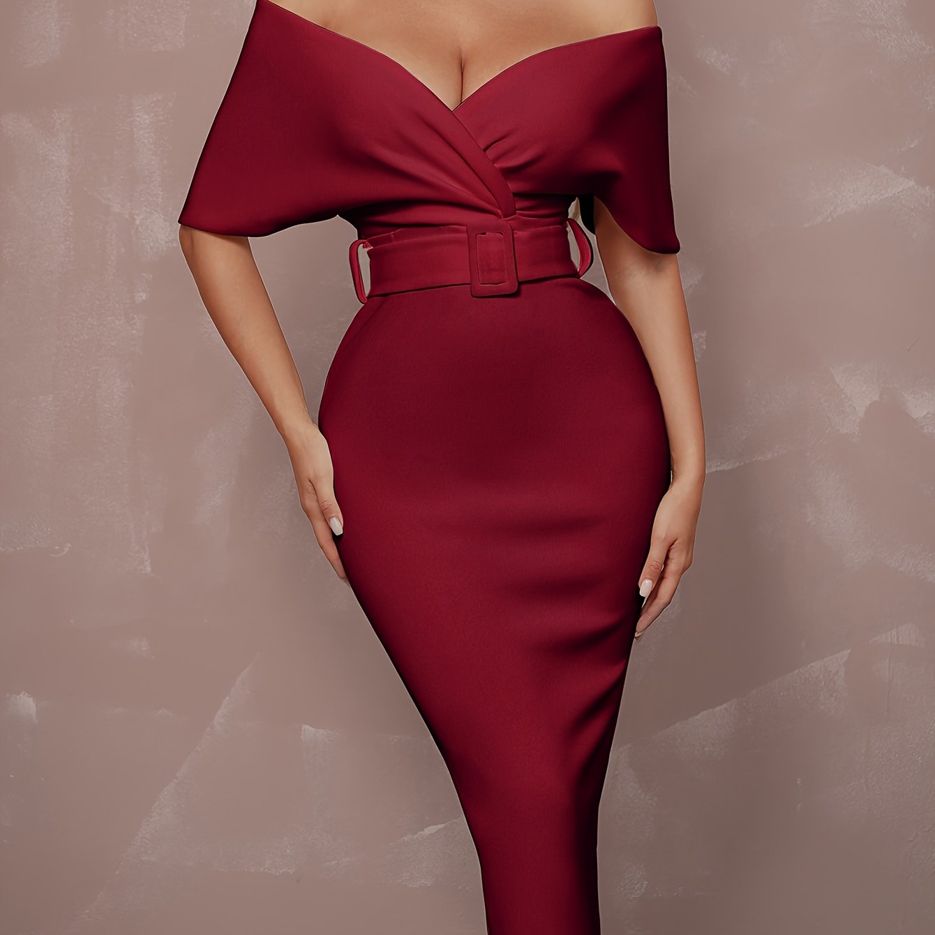 Stunning Off-The-Shoulder Bodycon Dress - V-Neck, Split Hem, Belted Waist, Elegant Design for Wedding Party, Formal Occasions - Women's Clothing, Body-Hugging Silhouette