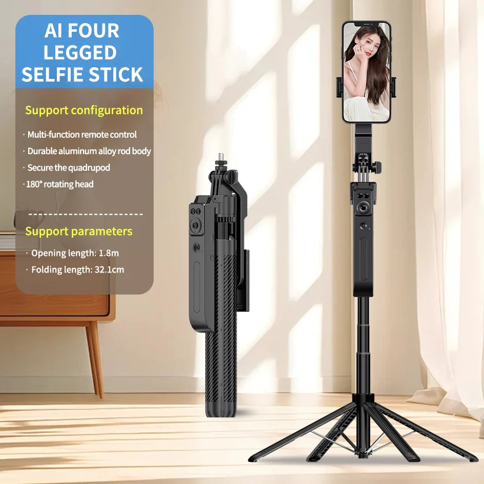 C12 1.8M Selfie Tripod for Cell Phone 360°Auto-Rotation AI Tracking Shooting Quadrapod with Remote Control Mobile phone holder